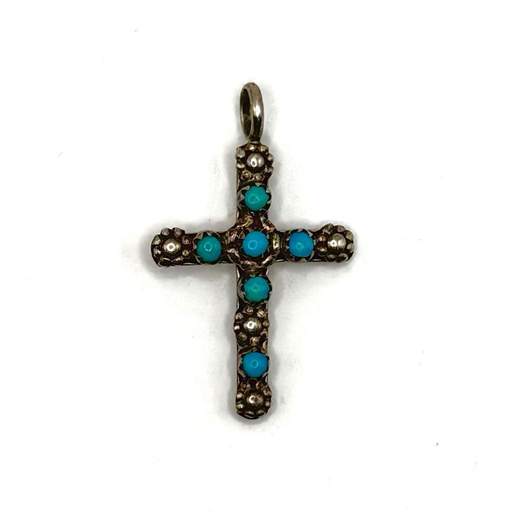 Vtg Turquoise Sterling Silver Petit Point Cross Pendant Southwest Navajo Style